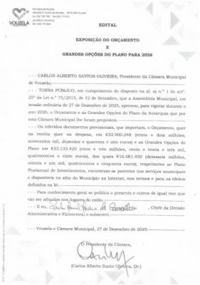 Edital Documentos previsionais para 2026 Assembleia Municipal