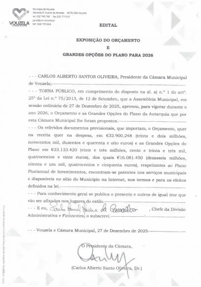 Edital Documentos previsionais para 2026 Assembleia Municipal